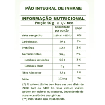 PÃO DE FORMA  DE INHAME -SEM GLÚTEN E CONSERVANTE -  INTEGRAL E VEGANO - 450g (CONGELADO)