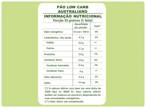 Pão Low Carb Australiano 450g -Sem Conservante,  glúten e  lácteos  ( Congelado)